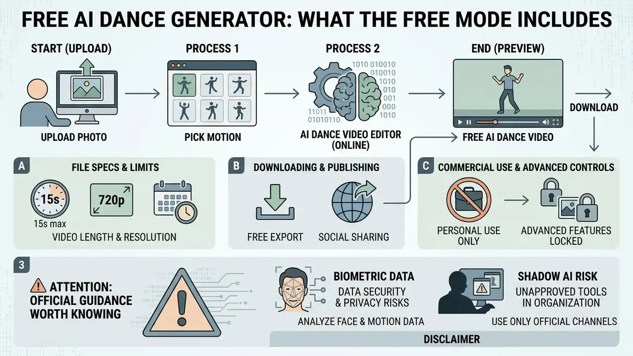 Summary of free AI dance generator features including usage limits, privacy risks, and export options