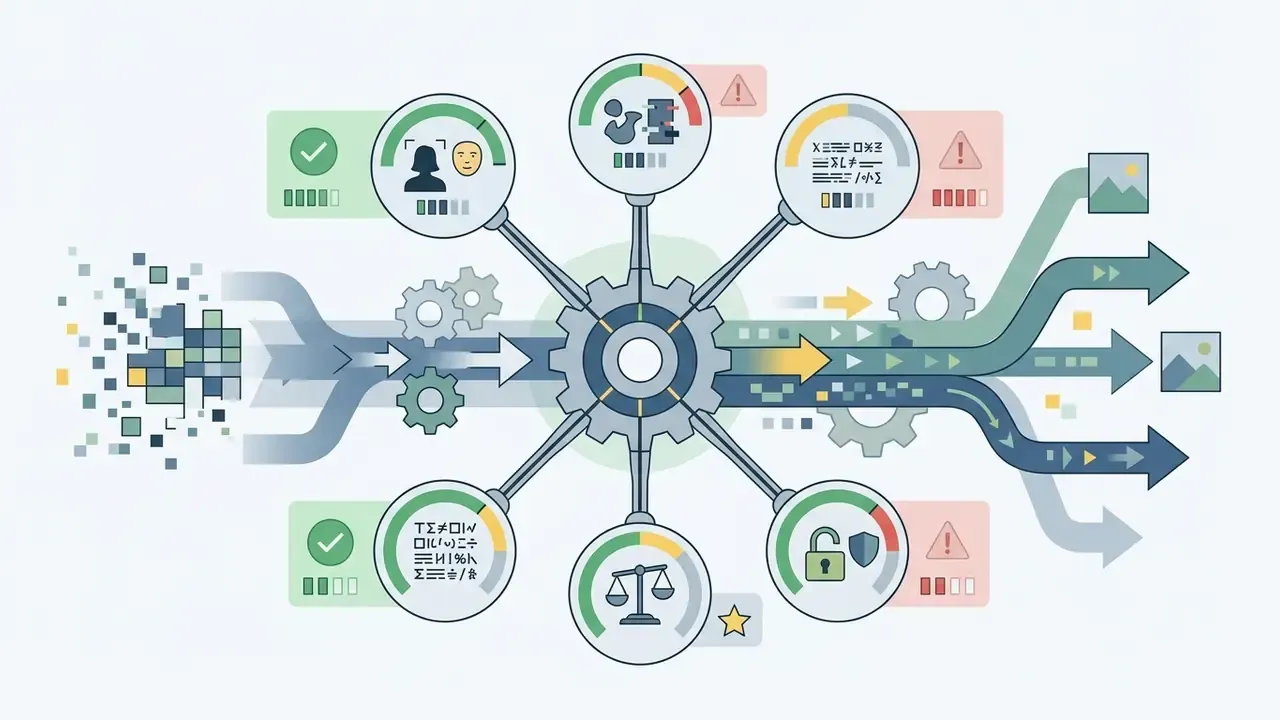 Data stream passing through a central gear mechanism connected to six quality and compliance gauges