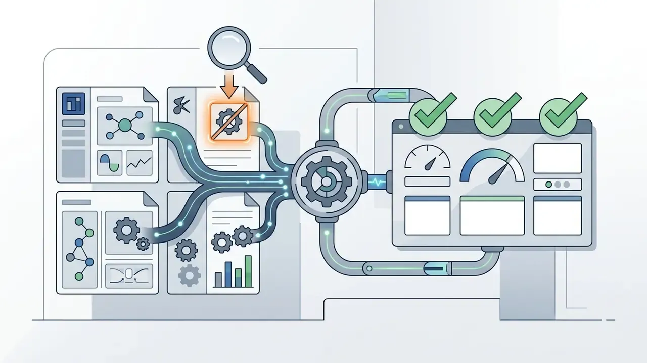 Documents with data and gears flowing through a central mechanism into a dashboard with checkmarks