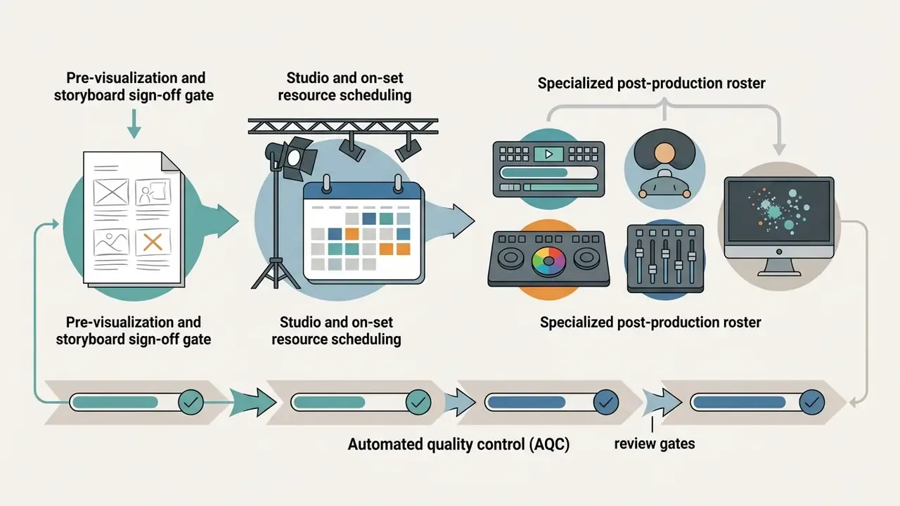 Video production stages including storyboarding, resource scheduling, post-production, and quality control