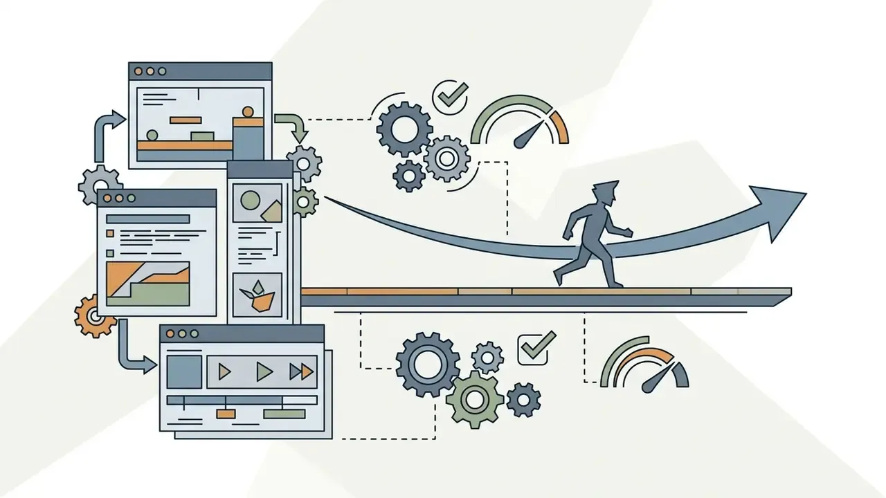 Character running along a path with software windows, gears, and gauges representing a development process