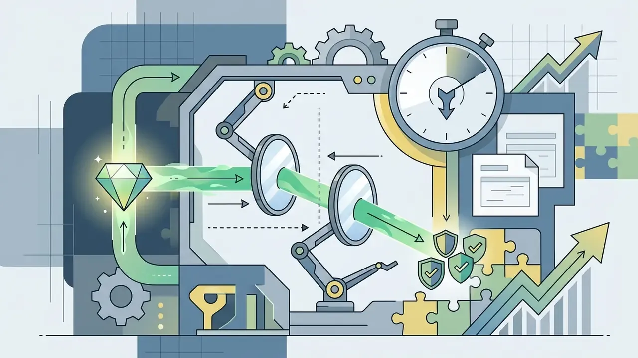 Light beam passing through mirrors to shield icons with a timer and upward trending growth arrows