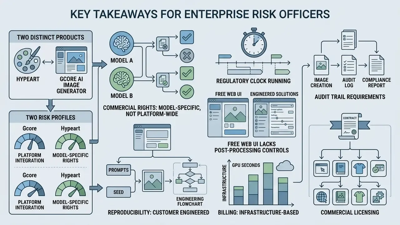 Infographic showing risk factors for Gcore AI image generator including commercial rights and billing
