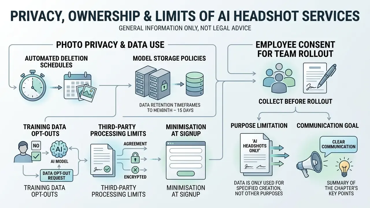 Diagram outlining data privacy, storage policies, and employee consent for an AI professional headshot generator