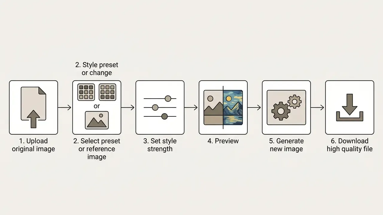 Six-step process flow showing image upload, style selection, parameter adjustment, preview, and download