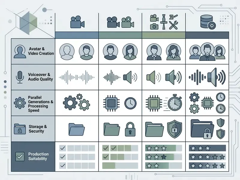 Matrix table mapping AI video production scenarios against technical features and production suitability