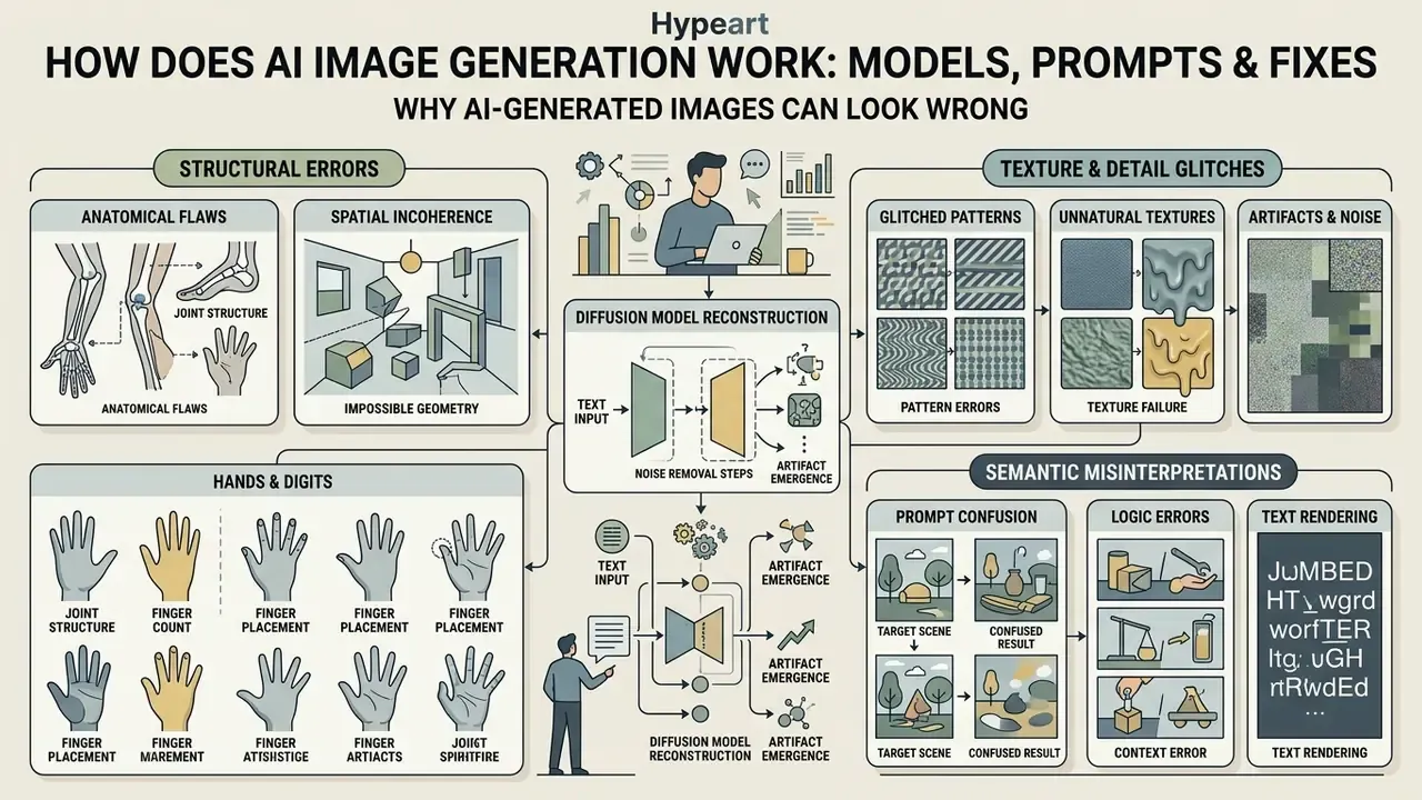 Categorization of common AI visual artifacts including structural errors, texture glitches, and logic flaws