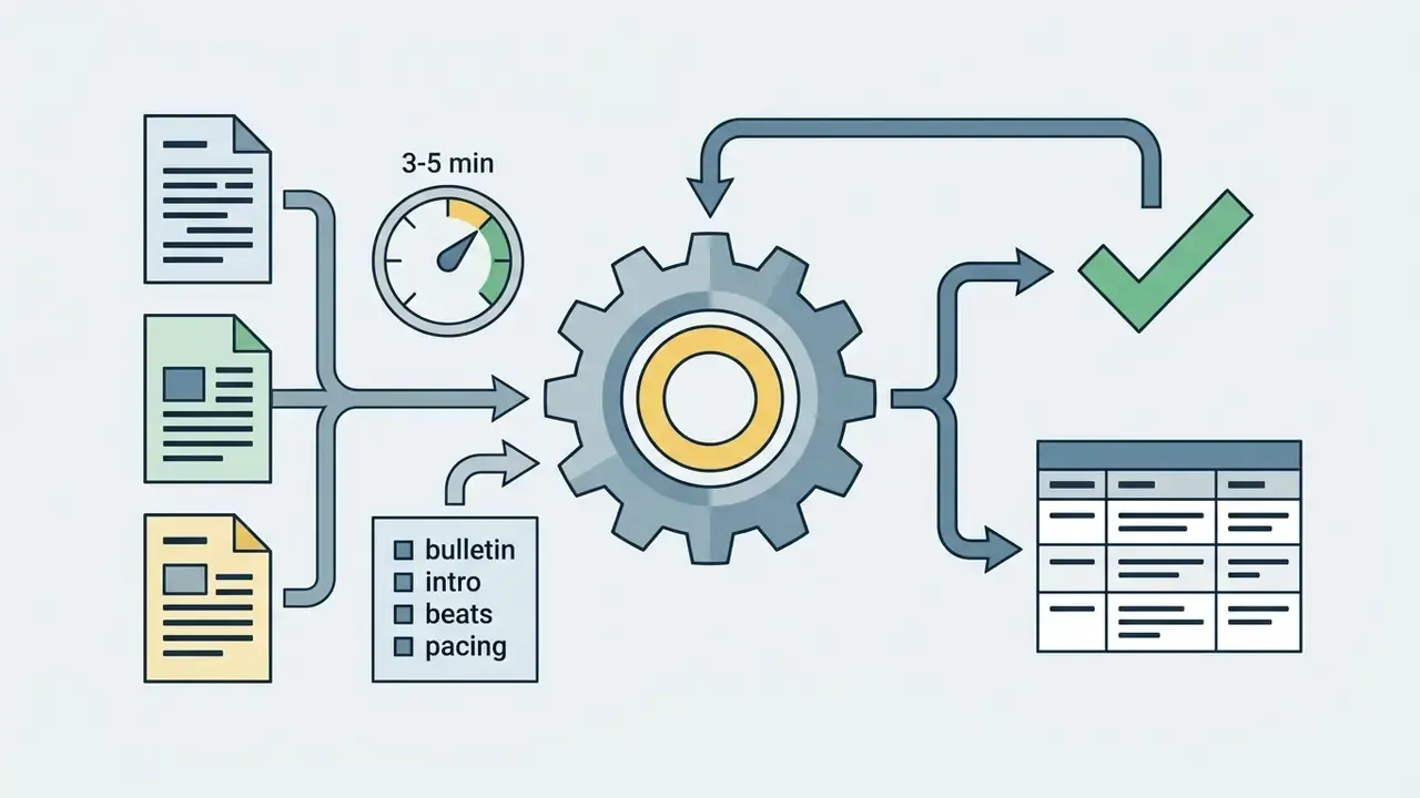 Documents and timing requirements feeding into a central gear to produce a structured news table