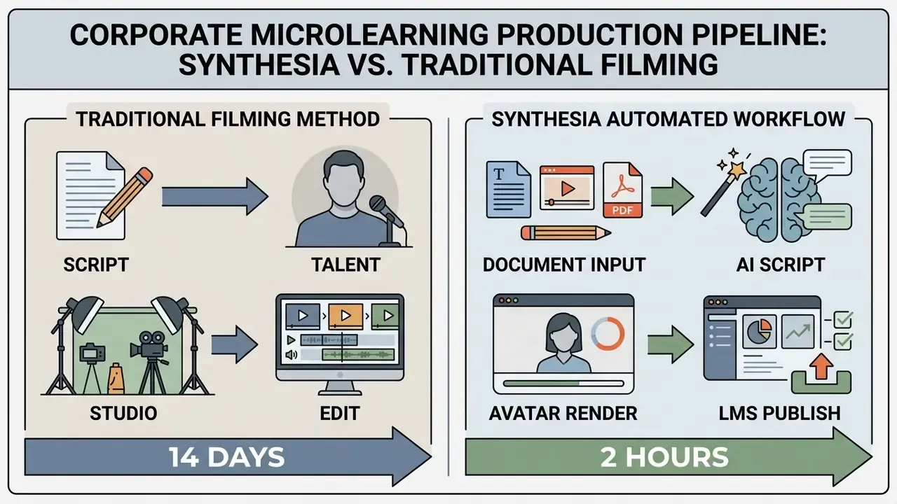 Flowchart comparing the fourteen day traditional video production process to a two hour automated workflow