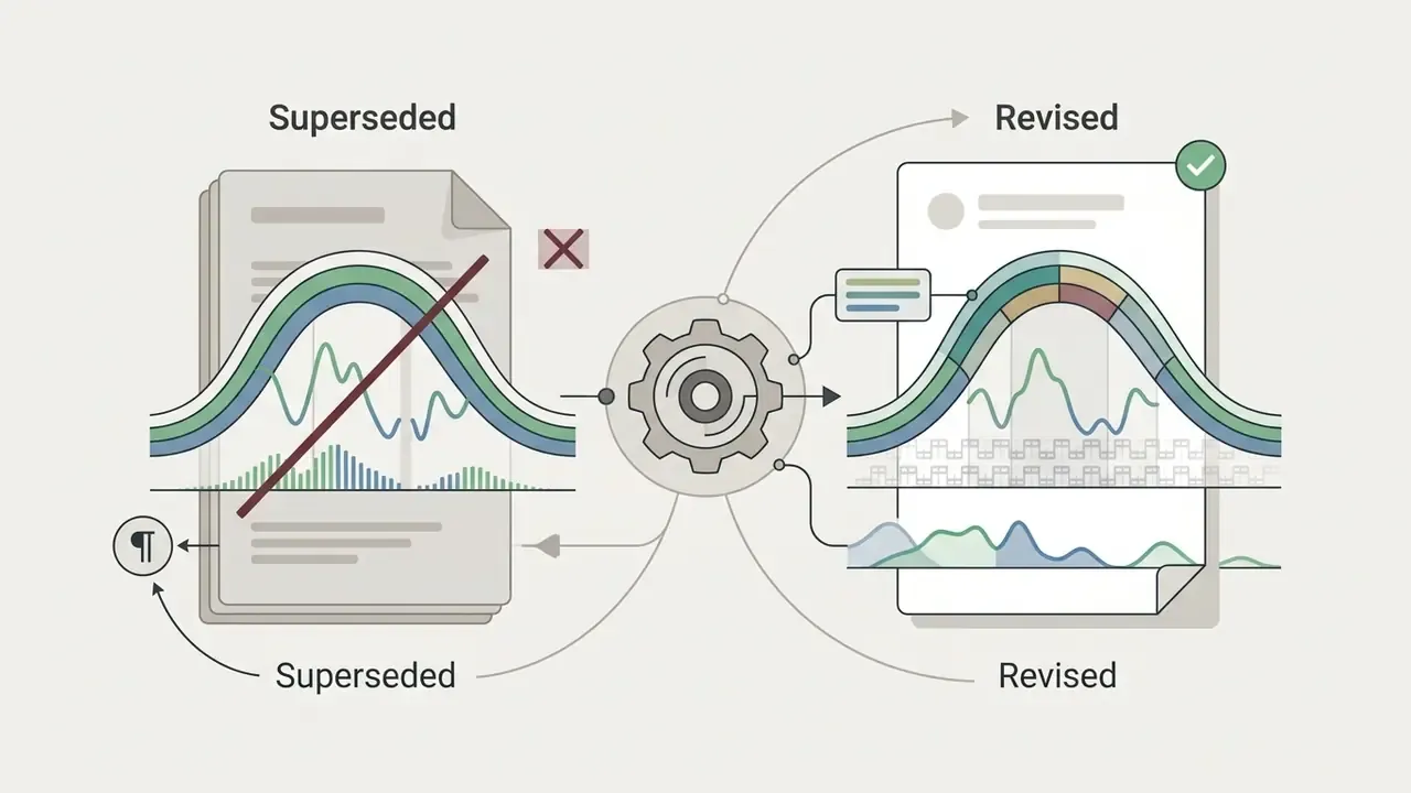 Document with a strike mark transitioning through a central gear mechanism into a validated revised report