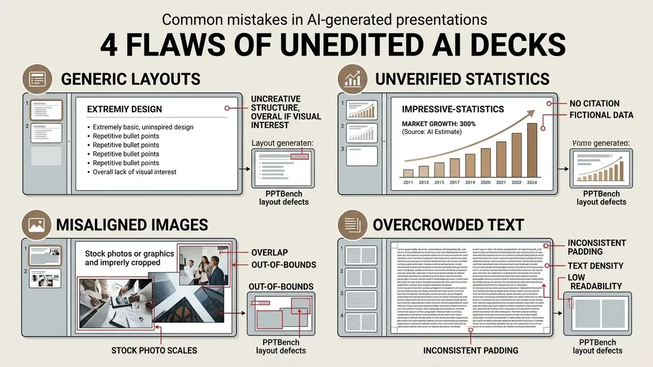 Infographic detailing four common design and content flaws found in unedited AI presentation decks