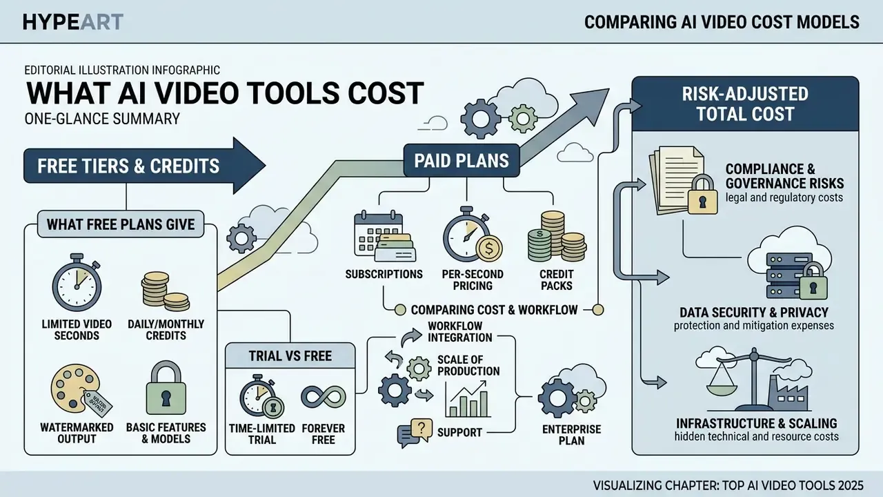 Infographic comparing free tiers, paid plans, and risk-adjusted costs for AI video generation tools