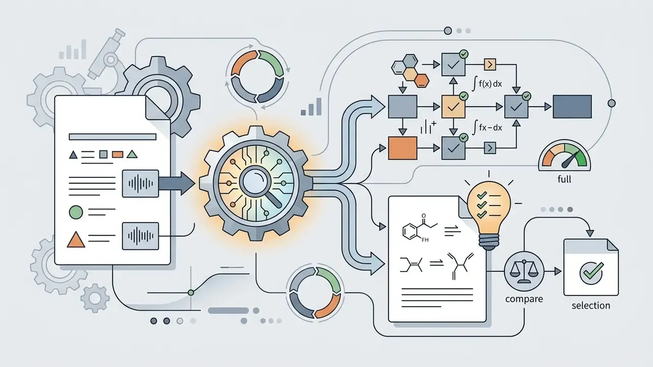 Academic inputs flowing through a gear processor to chemistry structures and complex mathematical workflows
