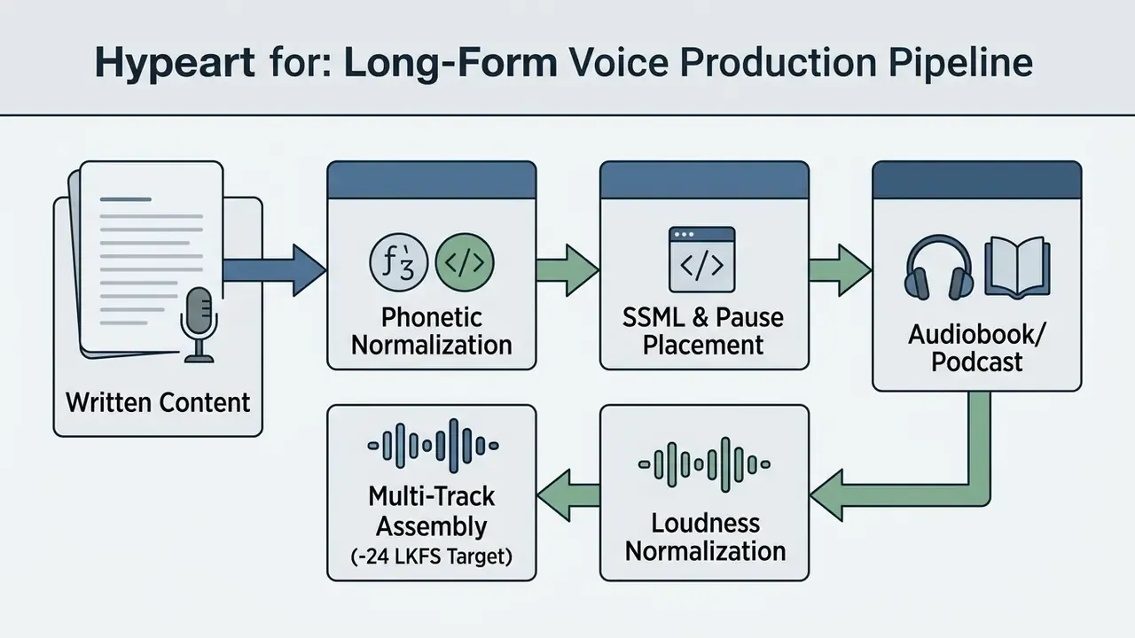 Sequential workflow diagram showing text conversion into normalized audio for podcasts and audiobooks