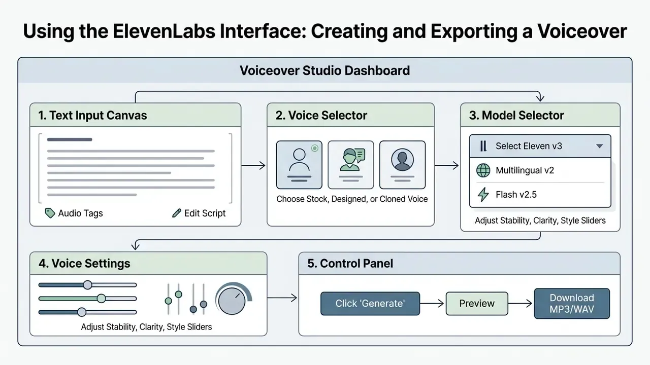Steps for text input, voice selection, model configuration, and audio generation in the studio dashboard