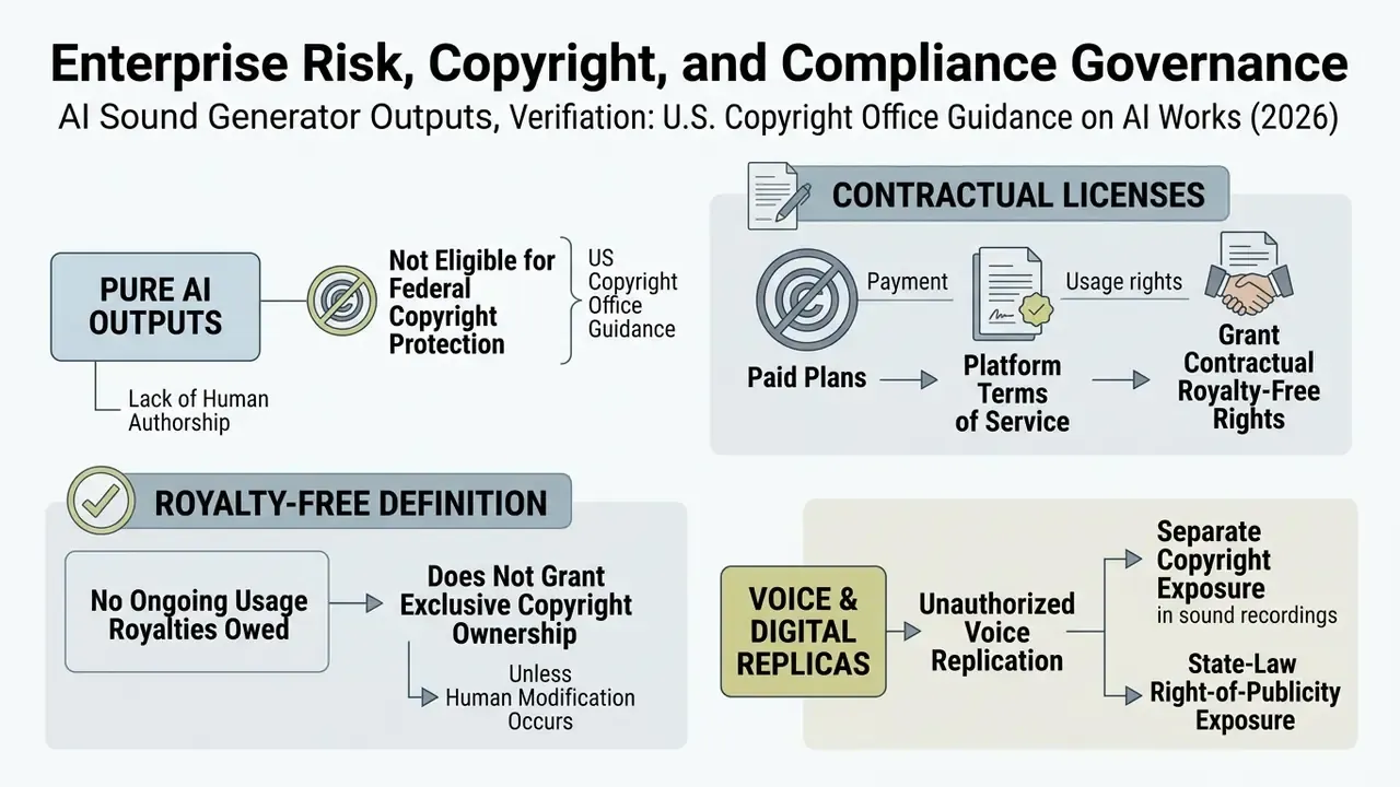 Flowchart outlining legal frameworks for AI audio copyright, licensing, and digital voice replication risks