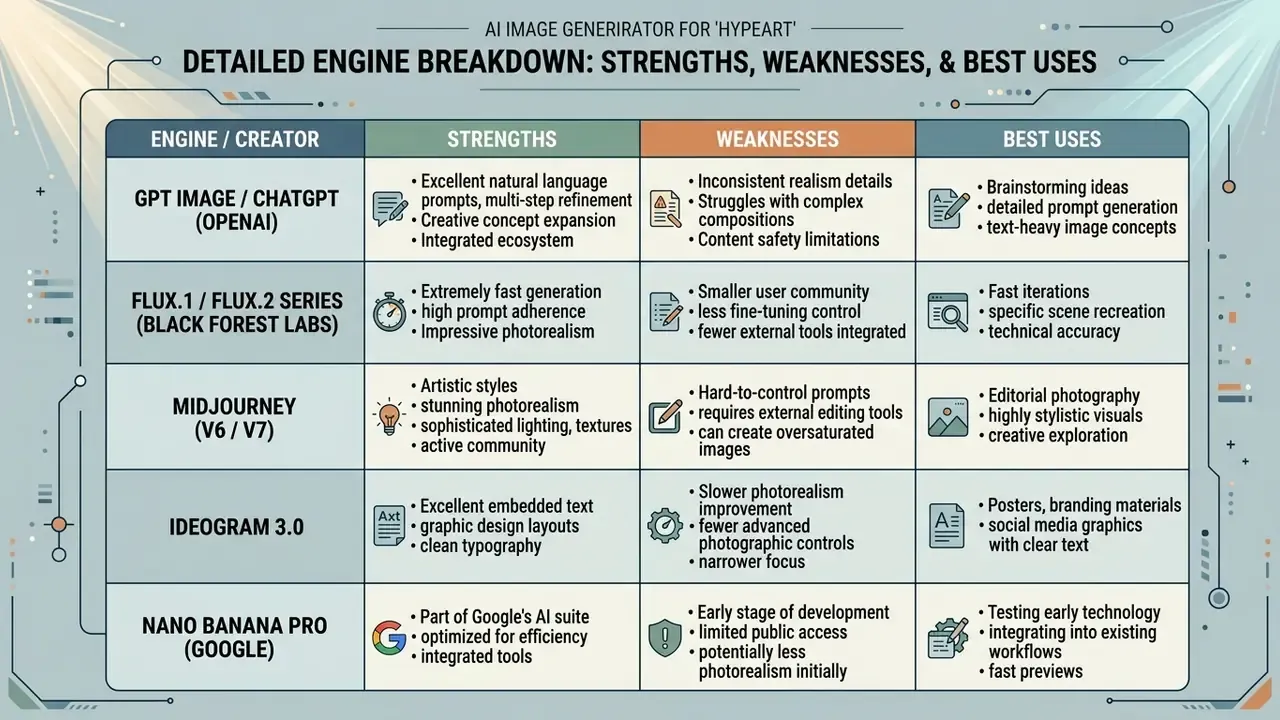 Comparison table evaluating the strengths, weaknesses, and best uses of five leading AI image generators