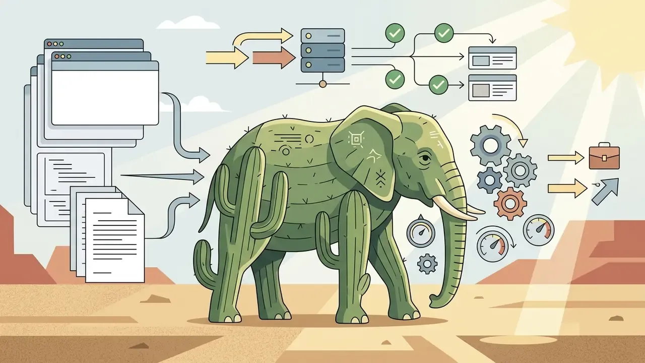 Cactus elephant hybrid connected to data windows, server icons, gears, and gauges in a sunny desert landscape