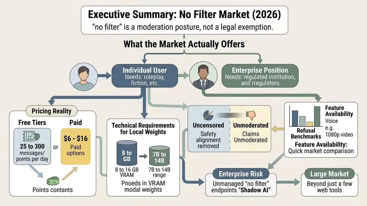 Flowchart detailing the market for a free AI chatbot no filter, covering user needs and technical requirements