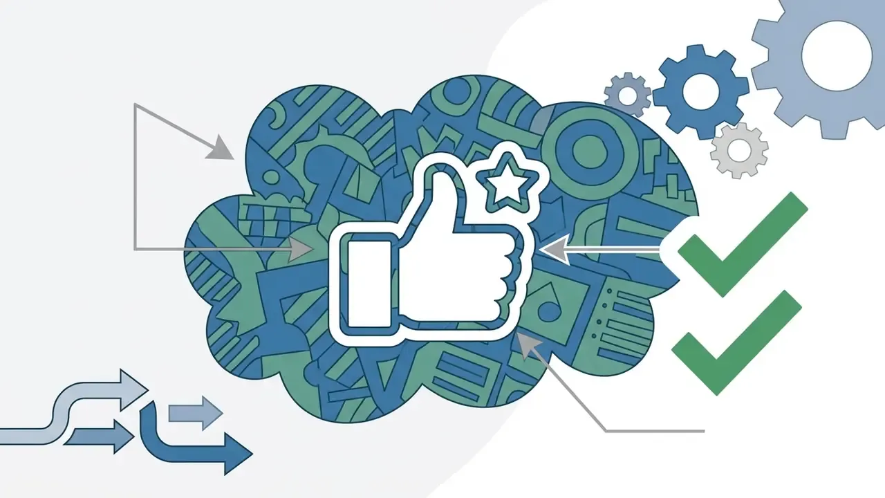 Thumbs up icon with a white border inside a patterned cloud shape alongside green check marks and gears
