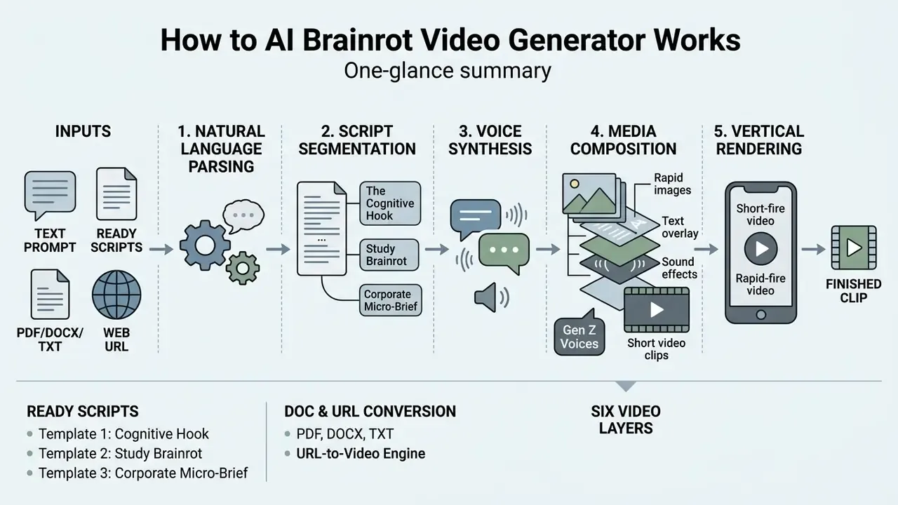 Five-stage pipeline diagram showing how text inputs transform into layered vertical video content