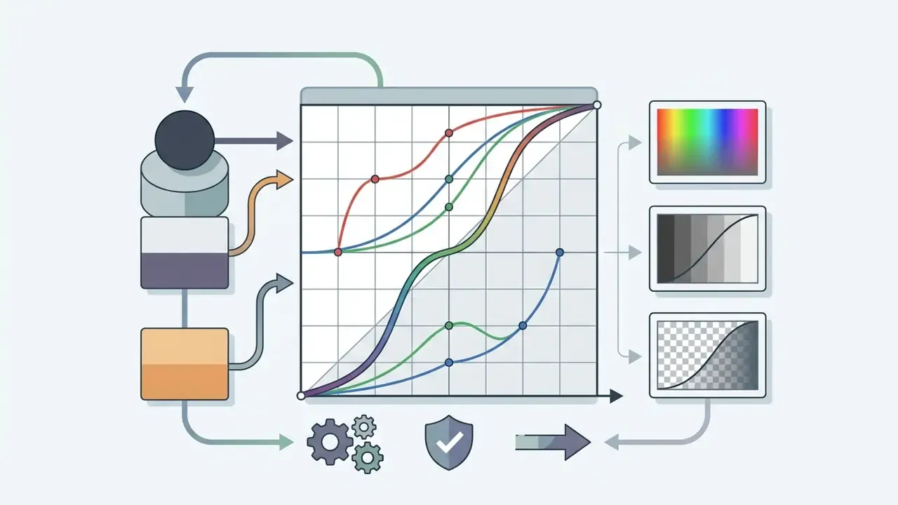 Graph showing color curves with input nodes and output previews for RGB, grayscale, and transparency