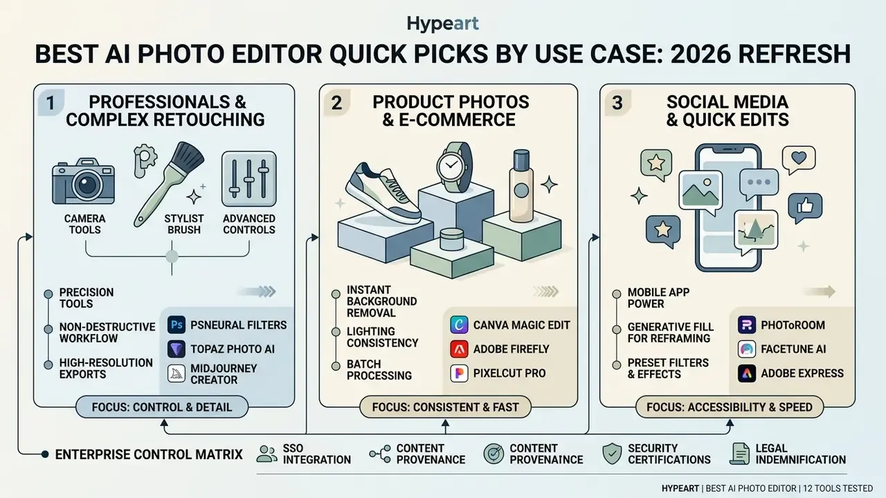 Categorized infographic comparing AI photo editors by professional, product, and social media use cases