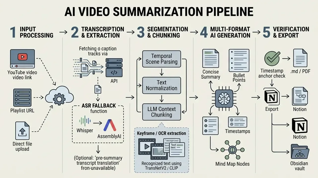 Step by step visualization of an AI to summarize YouTube videos through transcription and data export