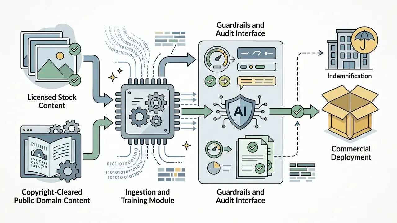 Licensed content and public domain data feeding into an AI training module with audit and guardrail controls