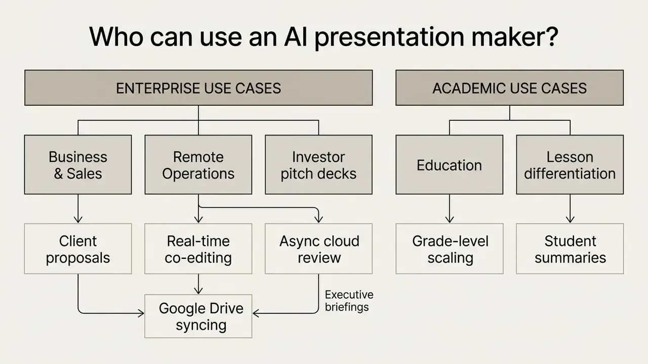 Organizational chart categorizing various professional and educational applications for automated slide tools