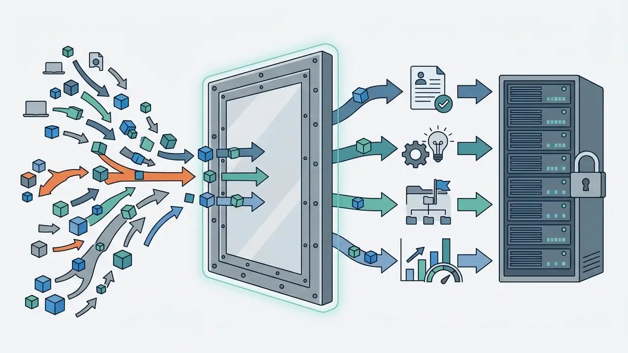 Arrows directing various data blocks through a gateway into categorized icons and a locked server rack