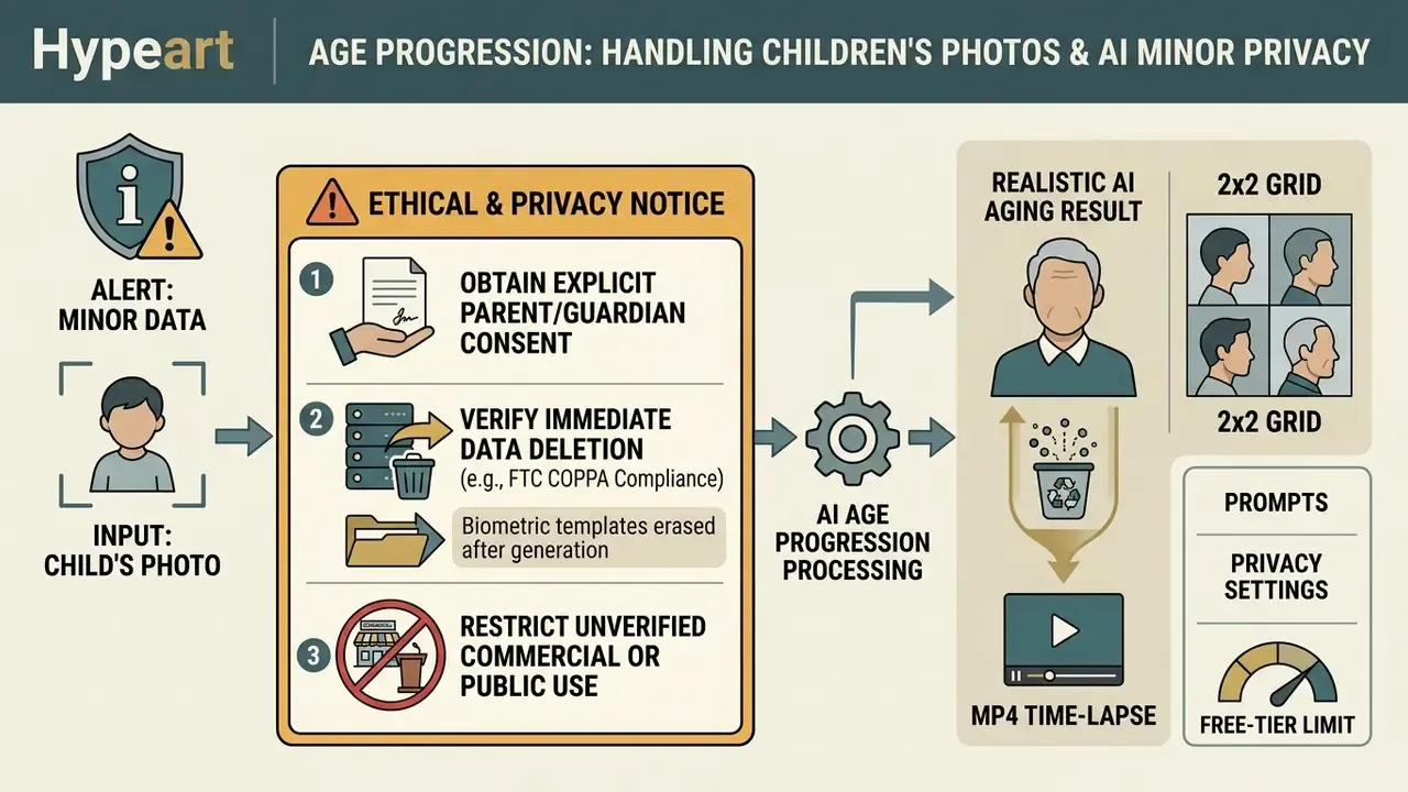 Infographic outlining ethical guidelines for processing minors' facial data through AI generation tools