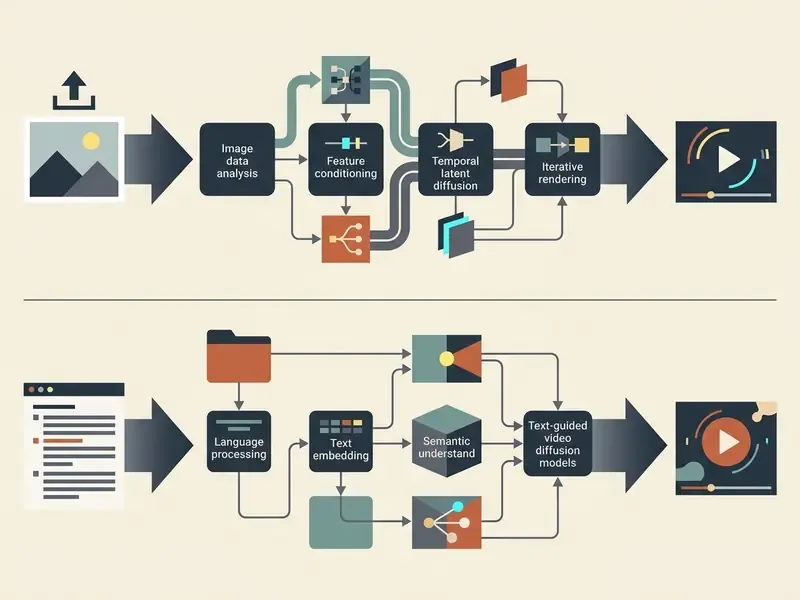 Flowchart comparing the technical pipelines for image-to-video and text-to-video generation processes