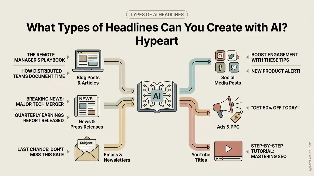 Diagram showing how an AI generator creates headlines for blogs, news, emails, social media, and ads