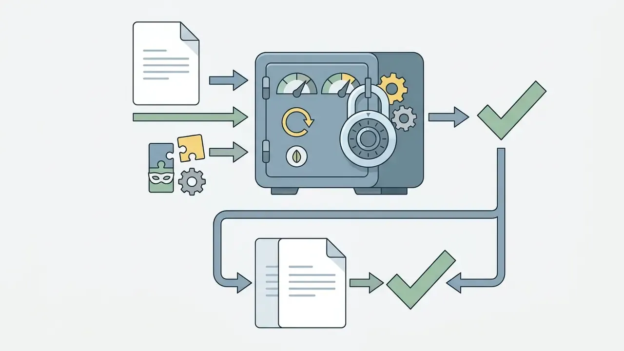 File and puzzle icons entering a locked safe with gauges to produce verified output files