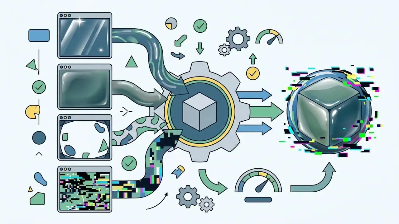 Browser windows with visual effects feeding into a central gear system that outputs a glitchy 3D cube