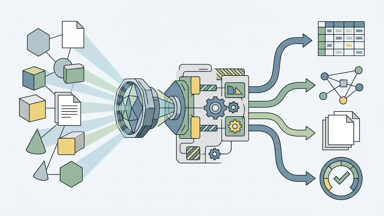 Geometric shapes and documents feeding into a mechanical lens that outputs data, networks, and status icons