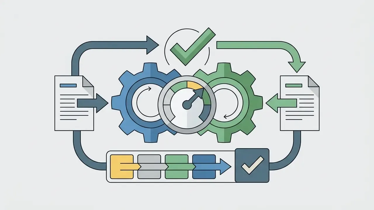 Document pages cycling through mechanical gears and a status gauge to reach a final approval step