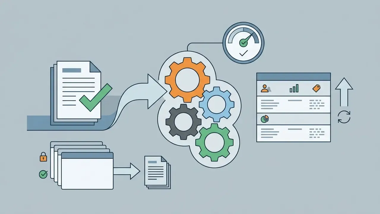 Documents moving through gears to update a pricing table with a status gauge indicating completion