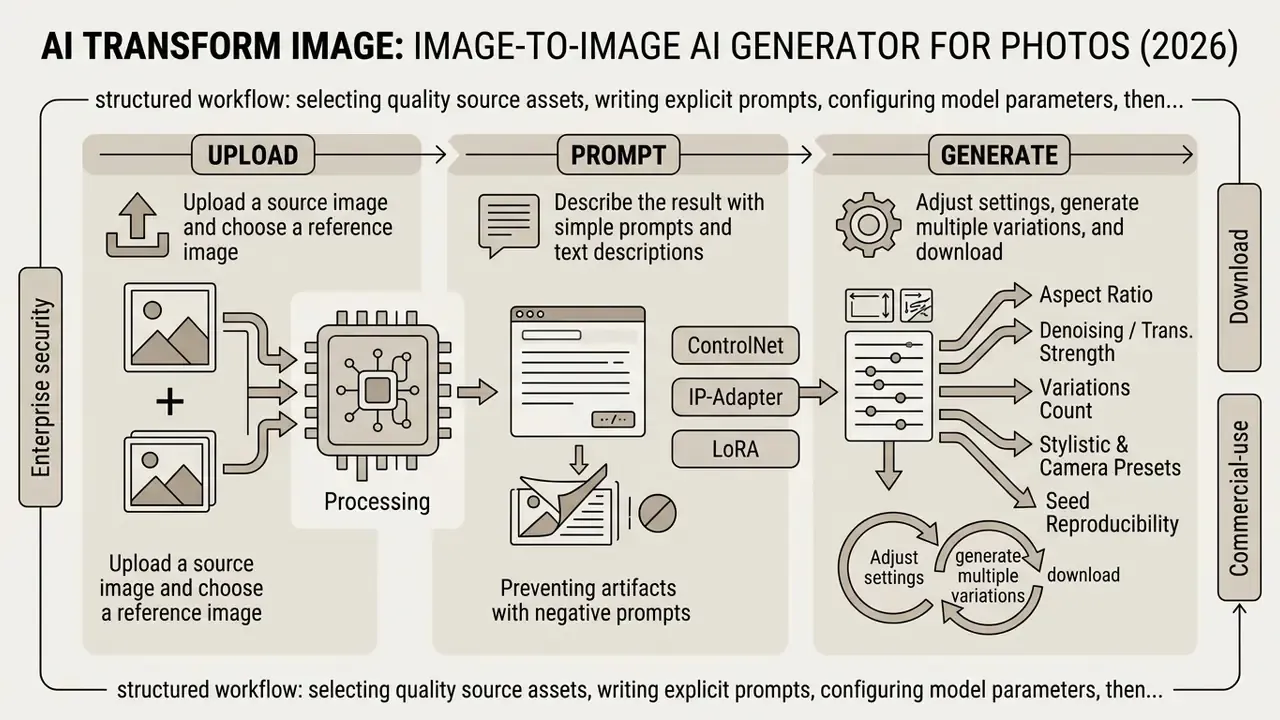 Three step workflow showing source image upload, prompt engineering, and parameter adjustment for generation