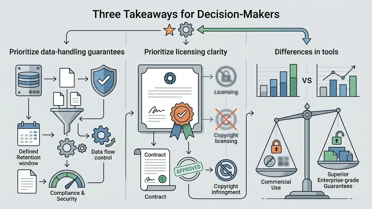 Visual guide outlining data handling, licensing requirements, and tool comparisons for business decisions
