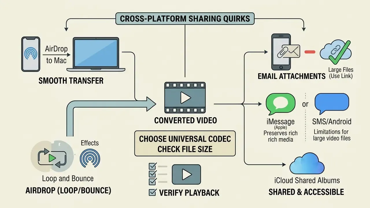 Flowchart outlining methods for sharing converted videos via AirDrop, email, messaging, and iCloud