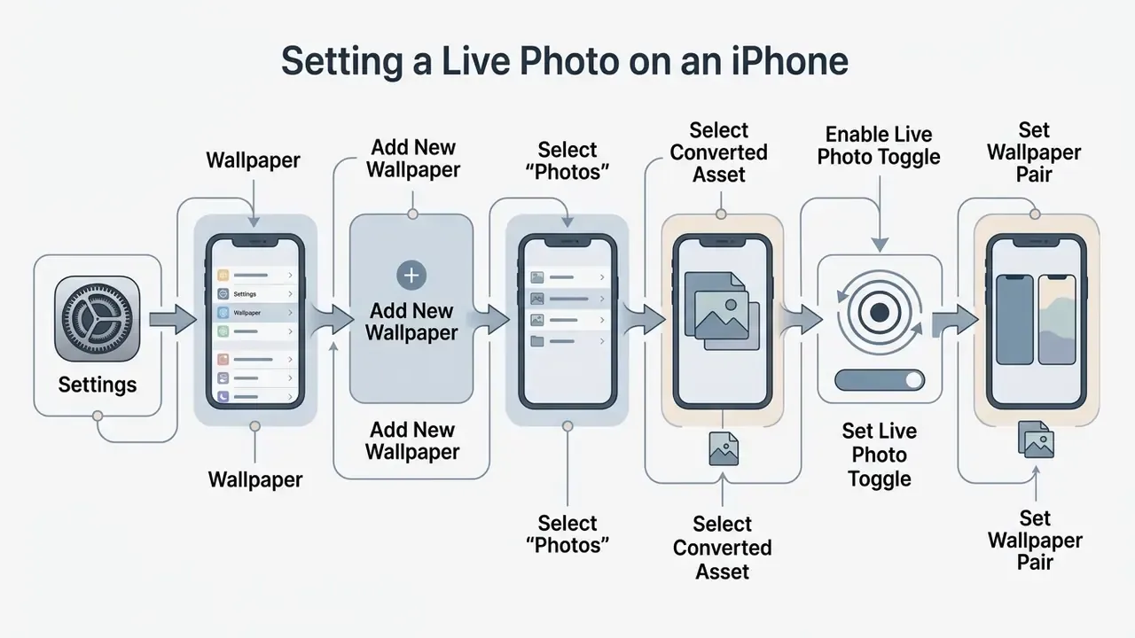 Step by step guide showing how to convert video to live photo for use as an iPhone wallpaper