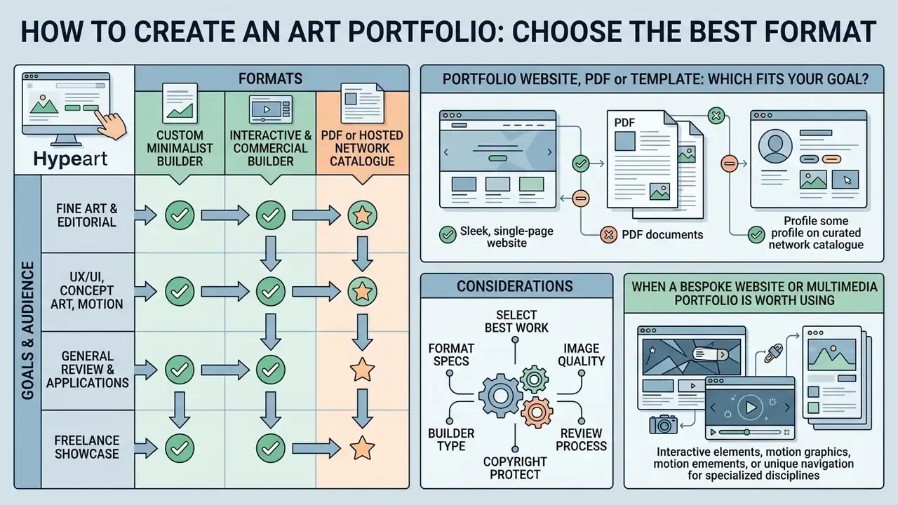 Comparison matrix matching career goals and audiences to portfolio website, PDF, or template formats
