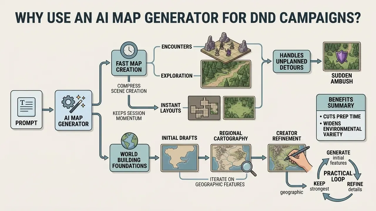 Diagram detailing how an AI map generator streamlines campaign preparation and world building tasks