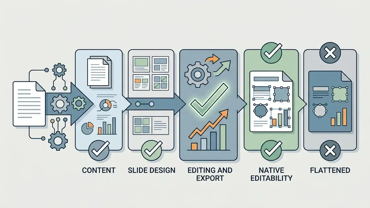 Flowchart showing the transformation of document content into editable slide layouts versus flattened files