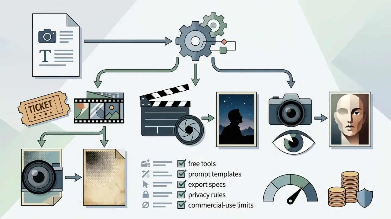 Flowchart showing input processing through gears into various cinematic outputs and feature checklists