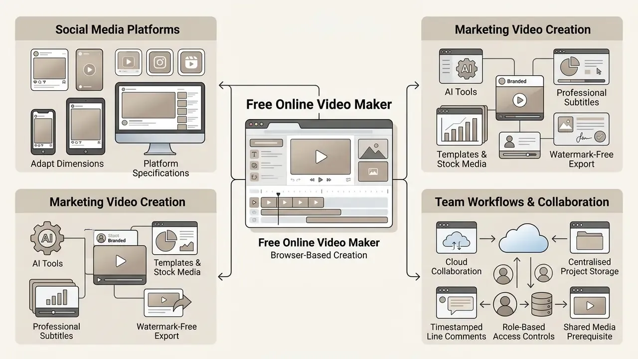 Central editing interface connecting social media adaptation, marketing tools, and team collaboration features