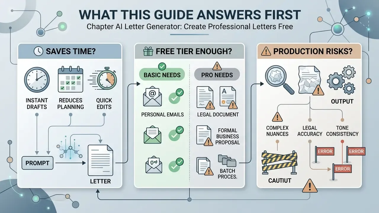 Infographic comparing AI letter generator efficiency, free tier suitability, and production risks