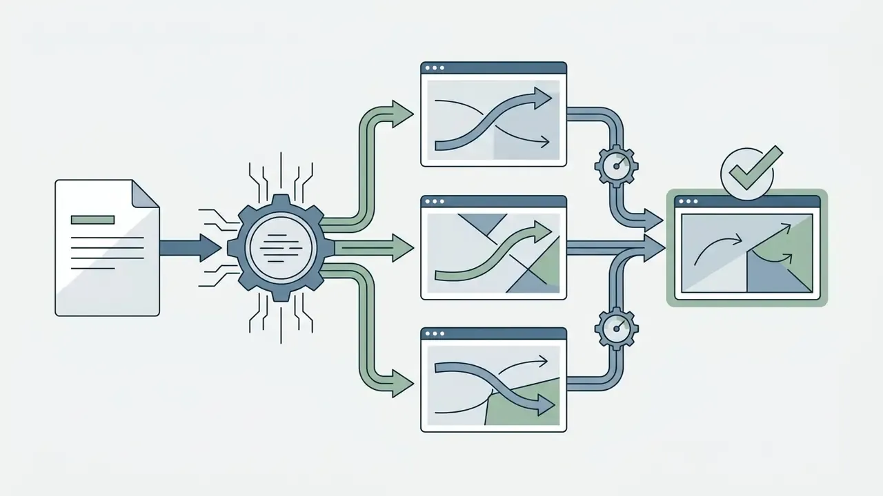 Text input feeding an AI engine to generate multiple video variations for review and final selection